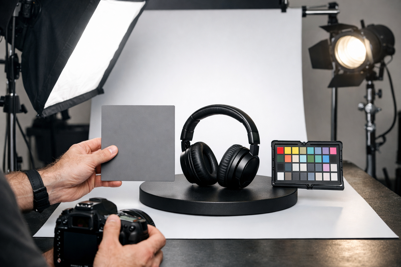 Fotografci gri karti urunun yanina yerlestirerek beyaz ayari yapiyor, studyo isigi altinda cekim ortami
