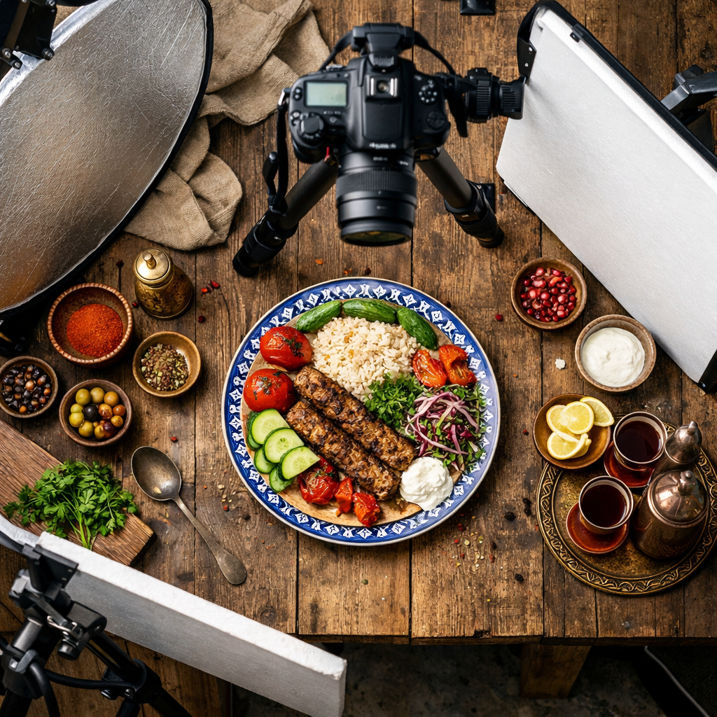 Kusbakisi yemek fotografciligi kurulumu, kamera tripod uzerinde ve tabaklar masada dizilmis