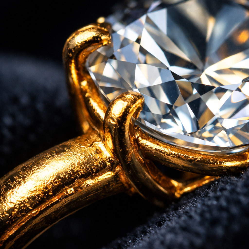 Makro lens ile yuzuk detay cekimi, tas ve metal yuzey yakindan goruntulenmis