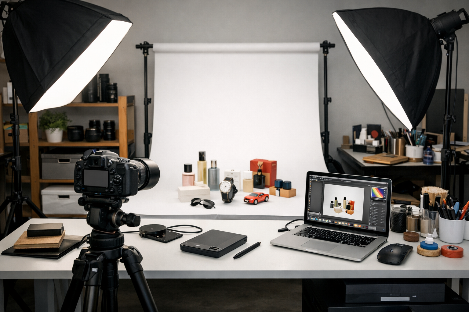 Urun fotografi studyosunda cekim masasi, isik panelleri ve kamera tripodu ile hazirlanmis profesyonel cekim ortami