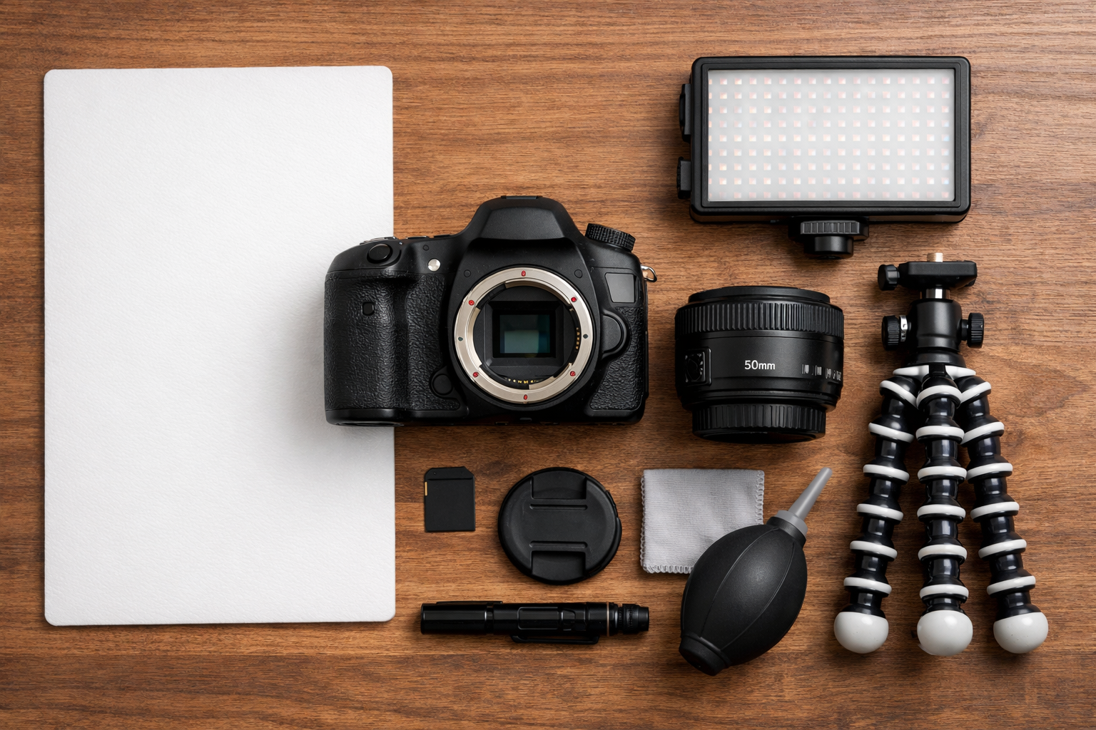 Urun fotografi icin temel ekipman seti: kamera, tripod, LED isik panelleri, softbox ve fon kagidi bir arada